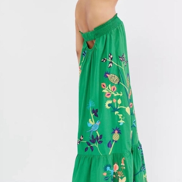 Anthropologie Strapless Embroidered Maxi Dress Green Tropical Botanical Smocked - Picture 4 of 9